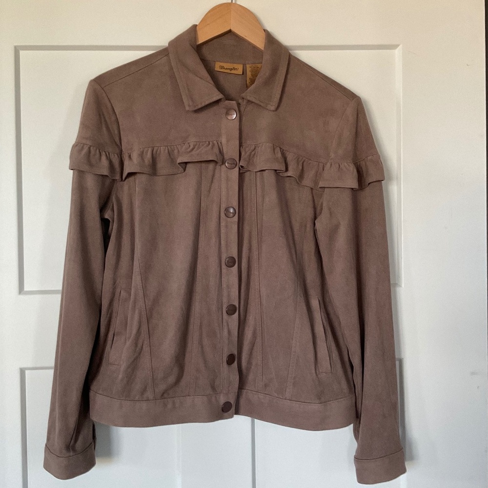 Wrangler Western Brown Tan Ruffled Faux Suede Button Down Jacket Size Medium